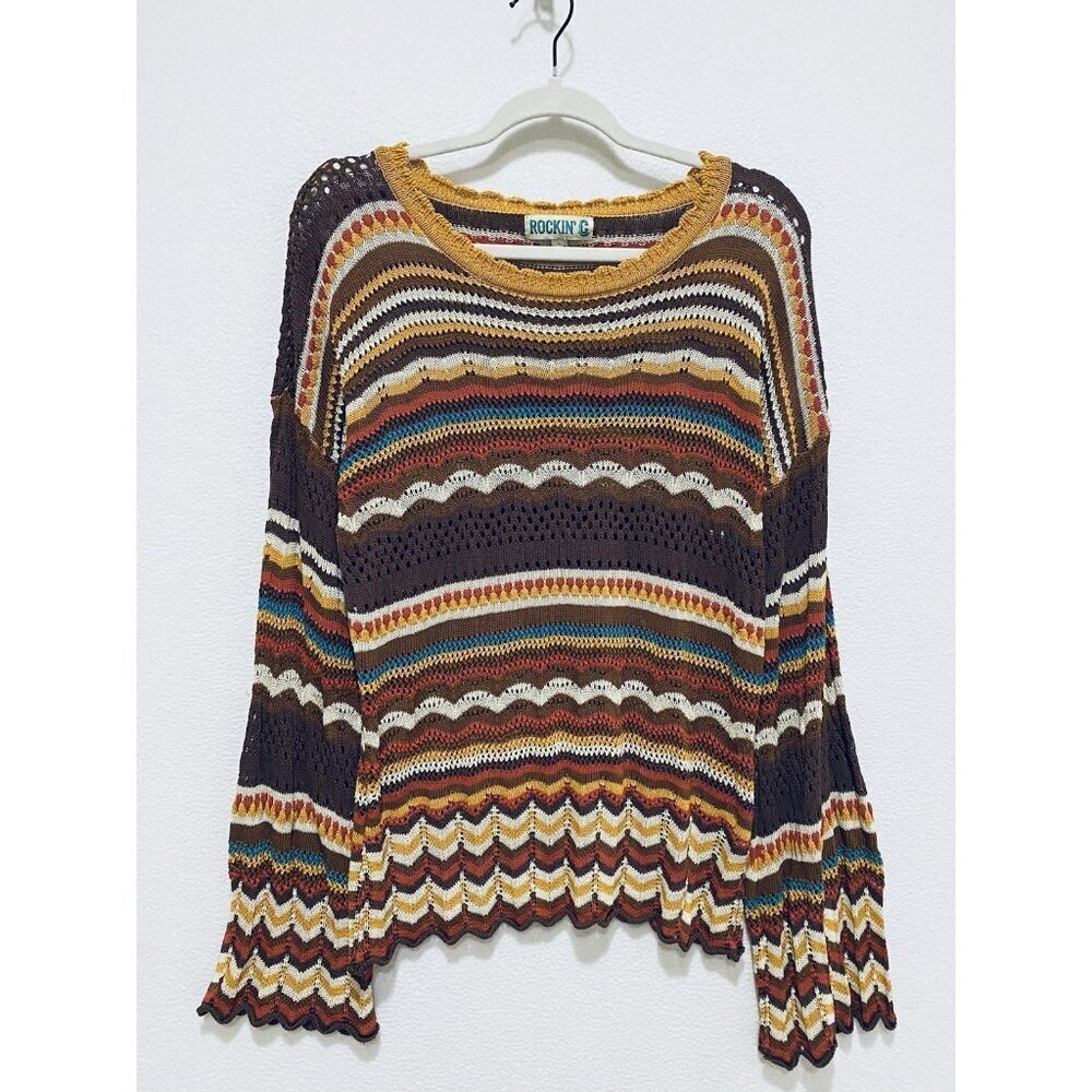 Rockin C Sweater Womens Large Crochet Striped Pointelle Bell Sleeve Western Boho